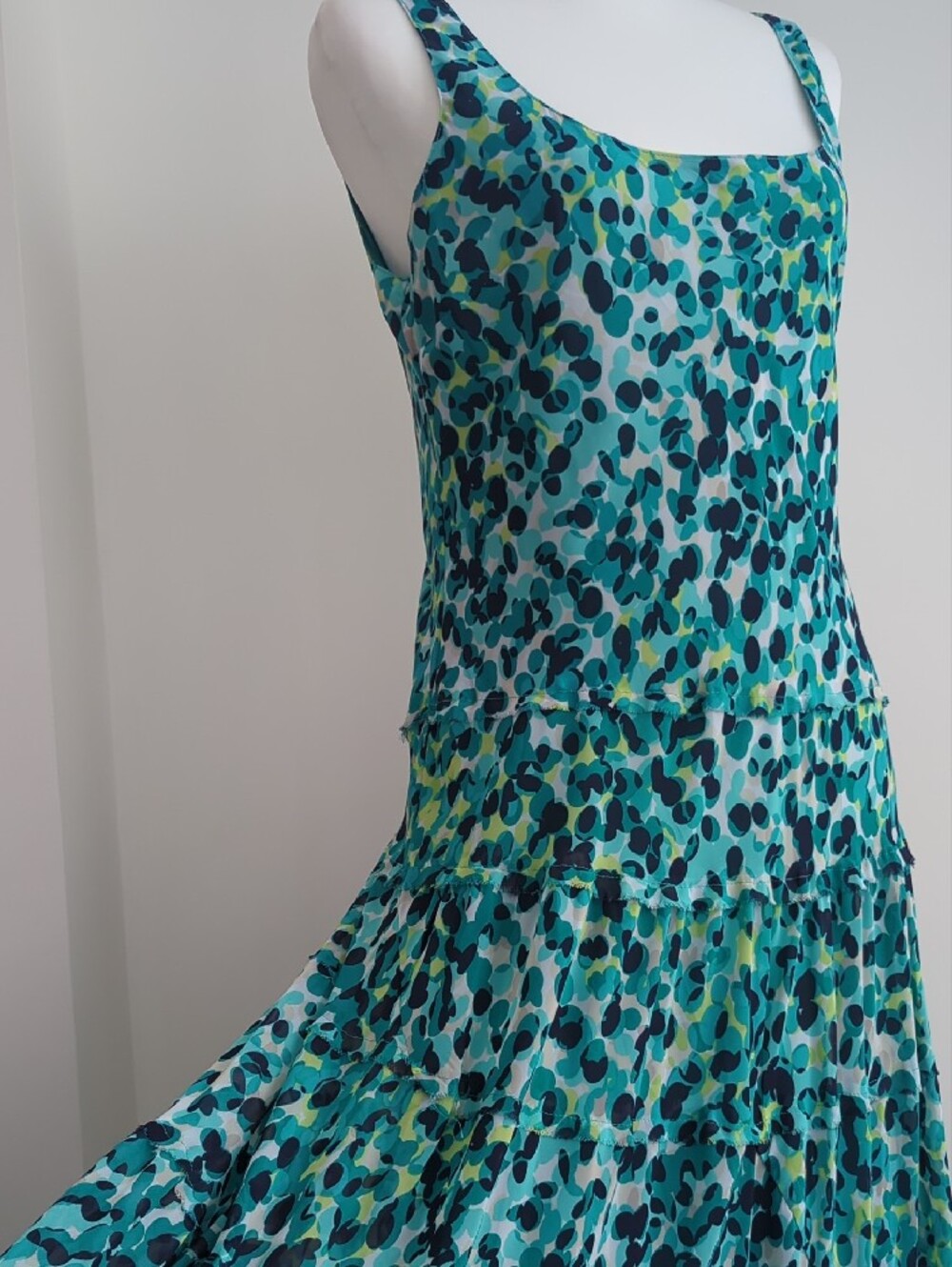 Nine West Abstract Teal Confetti Tiered Ruffle Maxi Dress SIZE 12